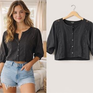 Aerie Black Lace Button-Front Cropped Top – XS